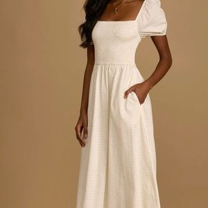 Ivory Plaid Smocked Puff Sleeve Midi Dress